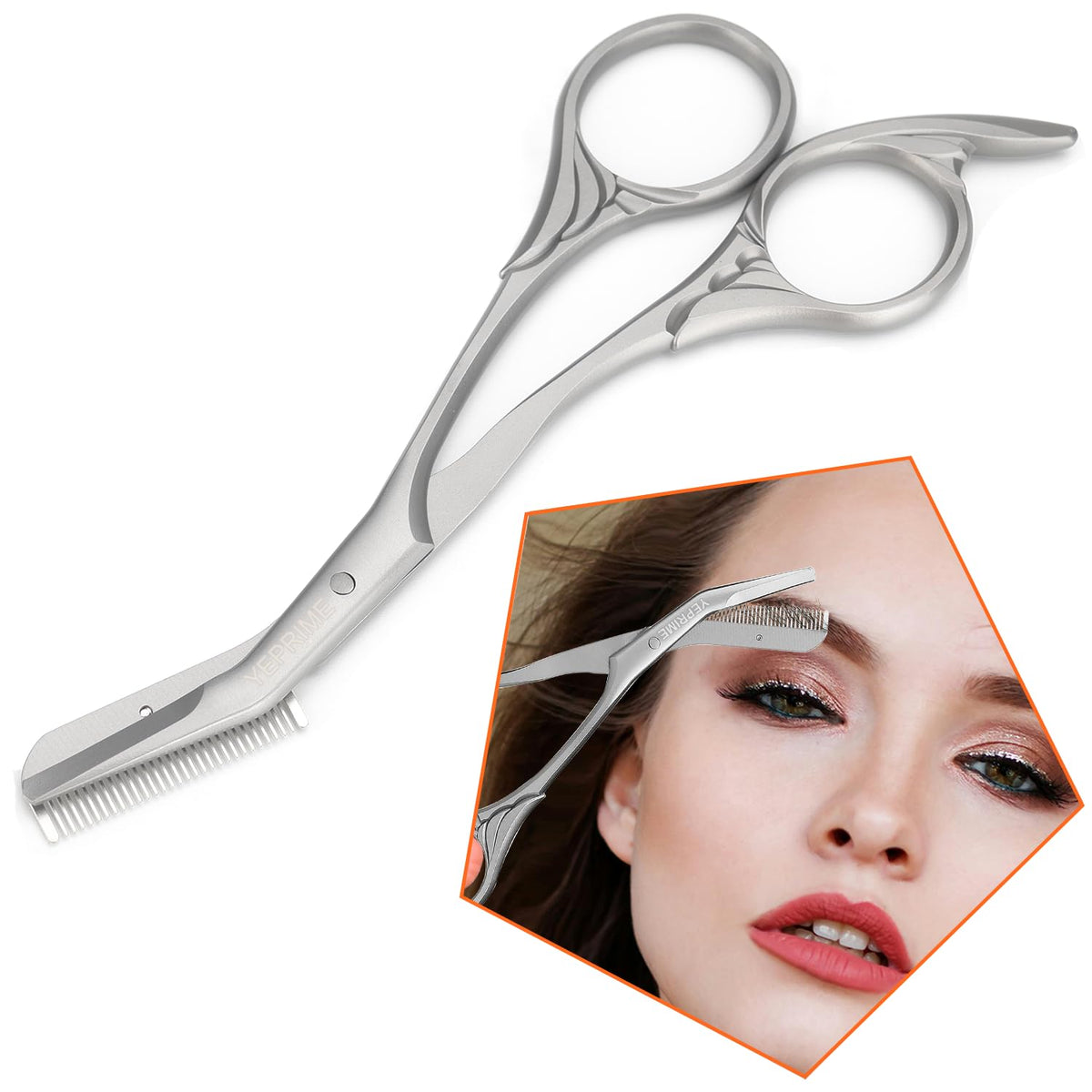 YEPRIME eyebrow scissors with comb closeup showing precise brow shaping