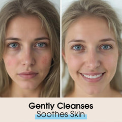 Face area with mild foam demonstrating gentle cleansing.
