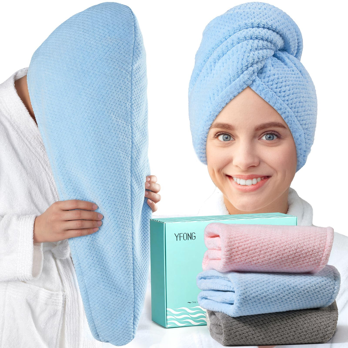 YFONG grey microfiber towel wrap provides full coverage for quick drying.