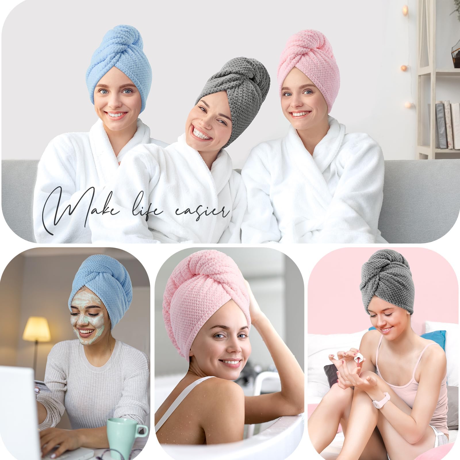 YFONG wrap demonstrated on head for comfortable drying and multitasking.