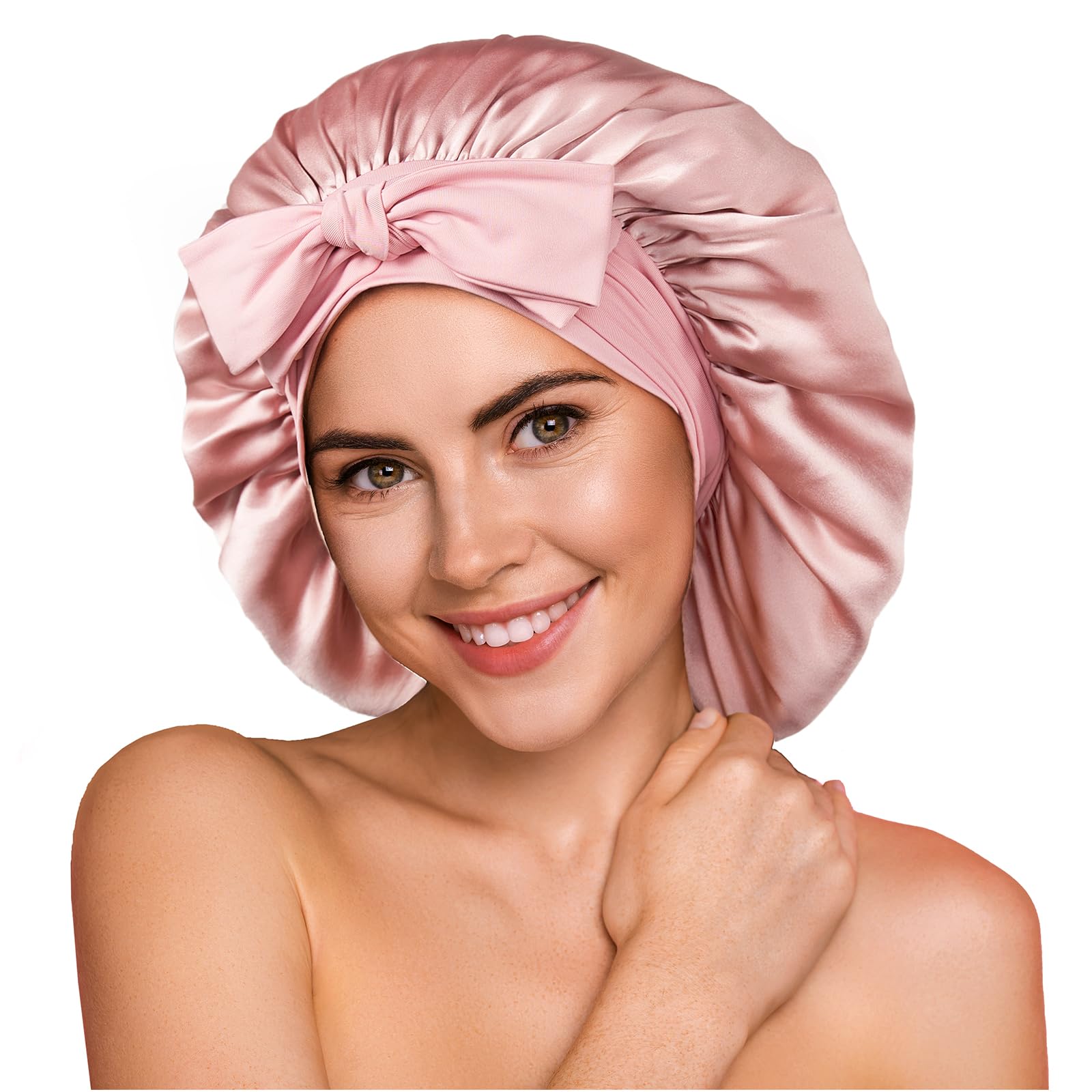 YFONG silk bonnet double-layer pink on head for smooth, frizz-free mornings.