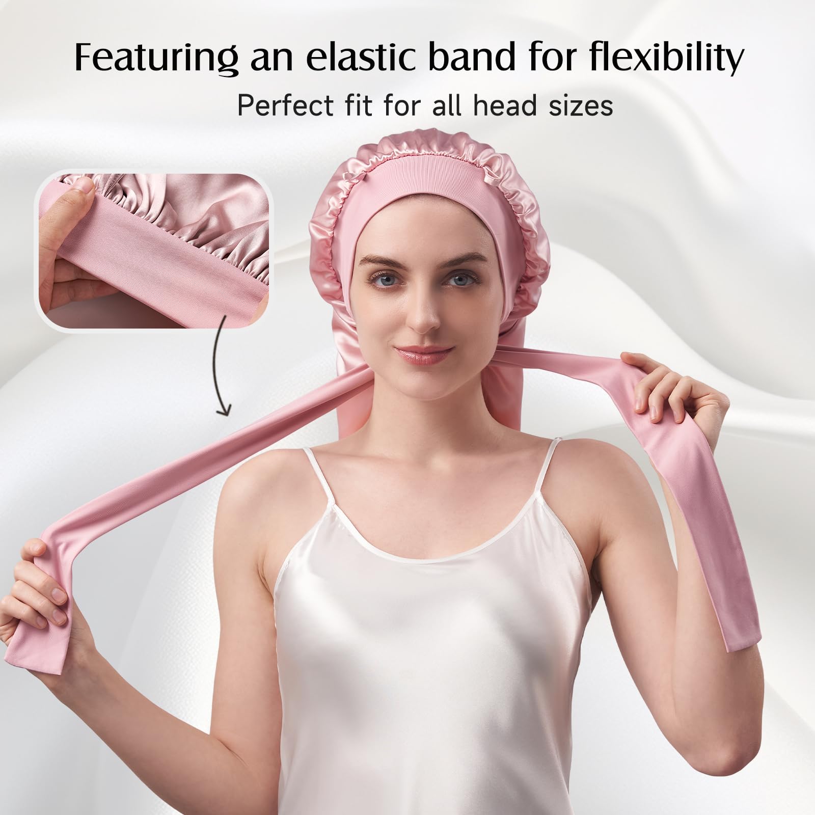 YFONG sleep bonnet in bed scene keeps hair flat for smooth morning routines.