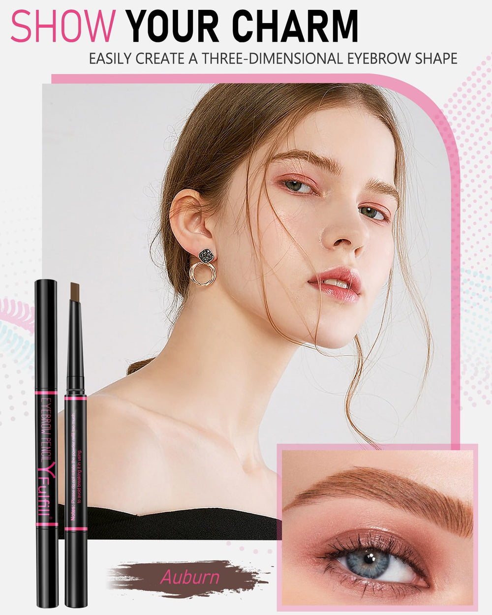 YFulfill Auburn eyebrow pencil dual-ended with spoolie for blending.