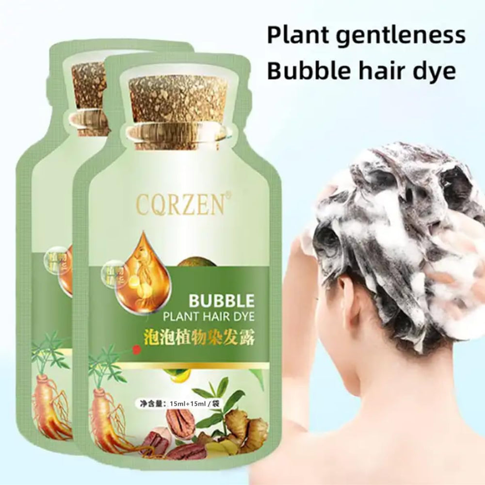 Huang Yi bubble dye bottle close-up highlighting herbal formula for gentle care