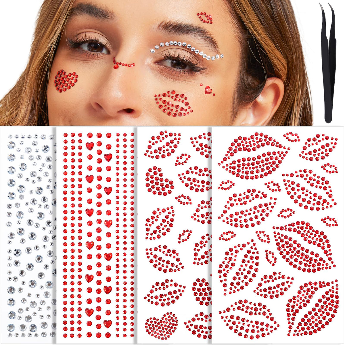 Gemas faciales autoadhesivas rojas de YGDZ para labios, efecto llamativo en fiestas.