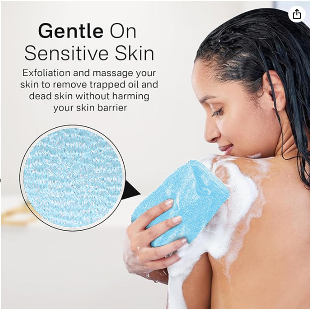 Yiclick back scrubber extended length shows easy reach to remove dead skin.