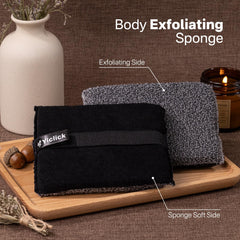 Yiclick exfoliating scrubber pack back view showing dual textures and gentle buffer.