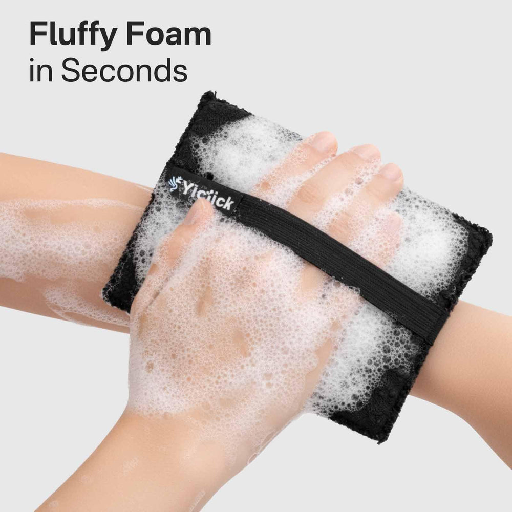 Yiclick exfoliating scrubber travel-ready, quick-drying and machine washable.