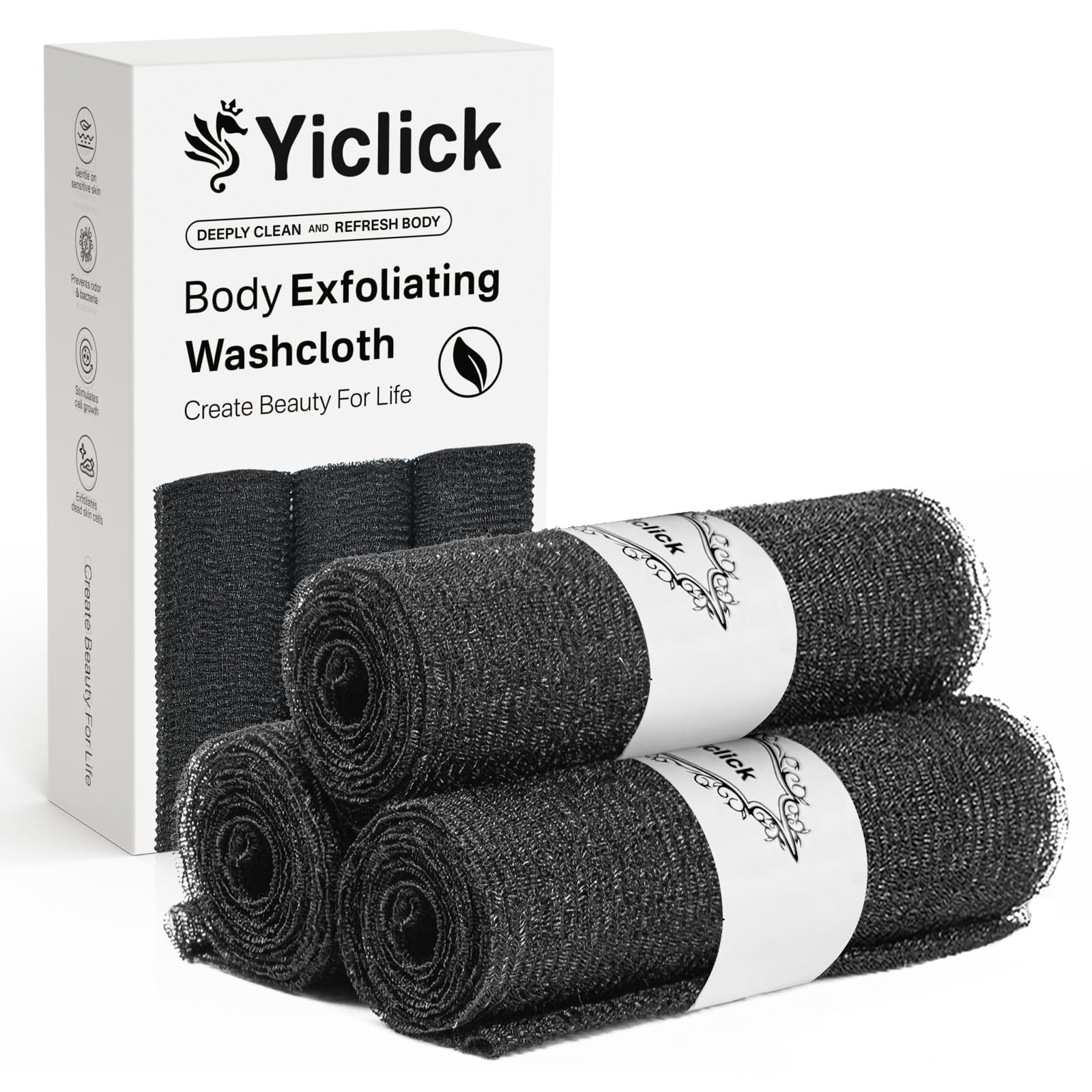 Yiclick exfoliating washcloth towel texture shows a nylon-polyester blend for gentle, effective cleansing.