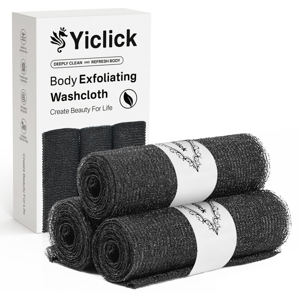 Yiclick exfoliating washcloth towel texture shows a nylon-polyester blend for gentle, effective cleansing.