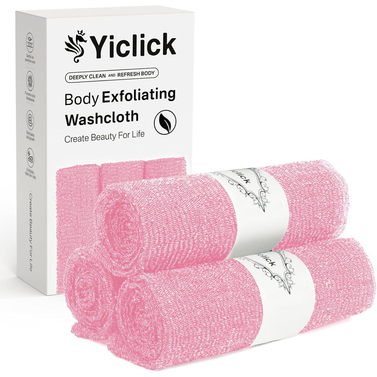 Toalla exfoliante Yiclick rosa pastel para exfoliar y suavizar la piel.