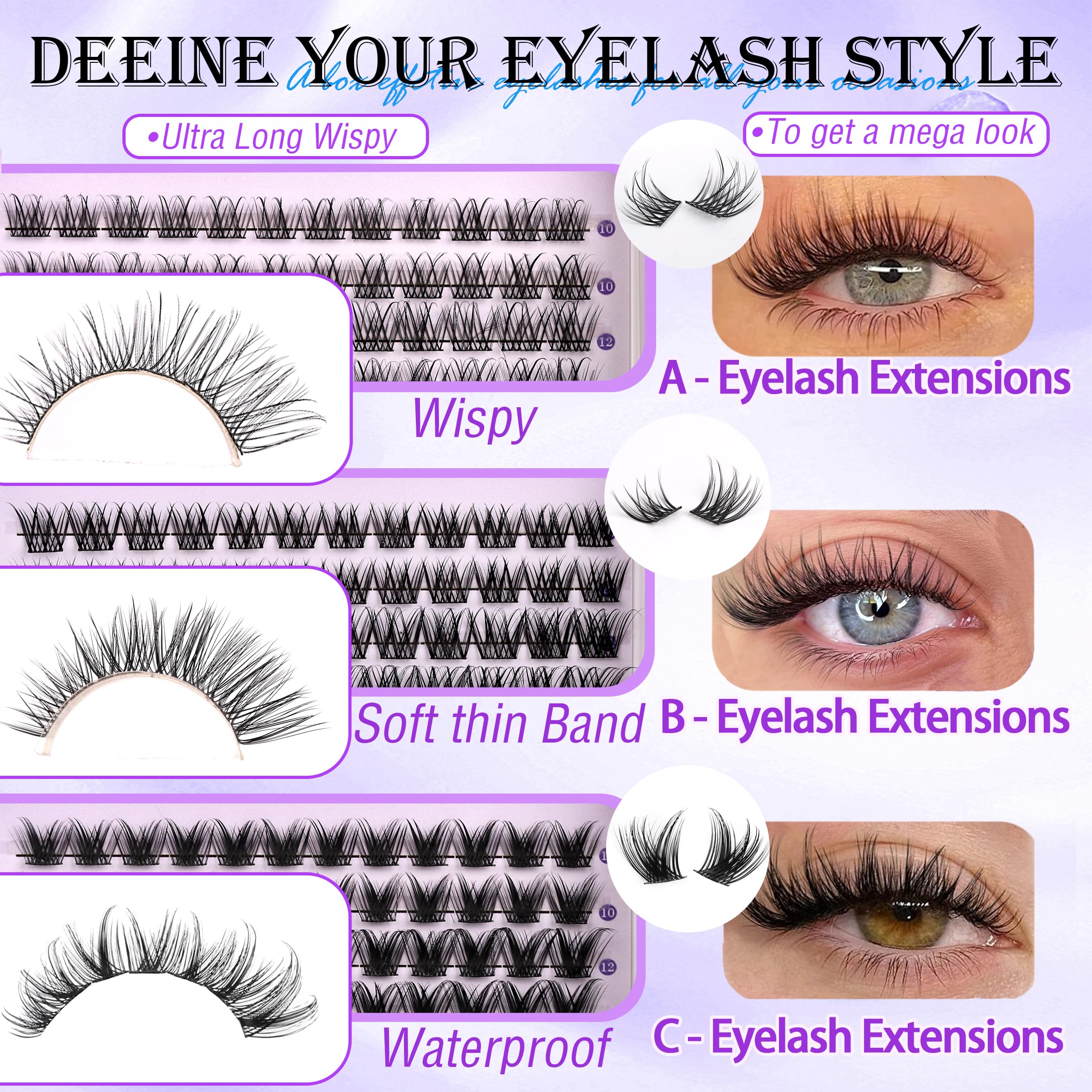 YIDUO Lashes Clusters Kit shows Natura, Fairy, Dramatic styles for customization