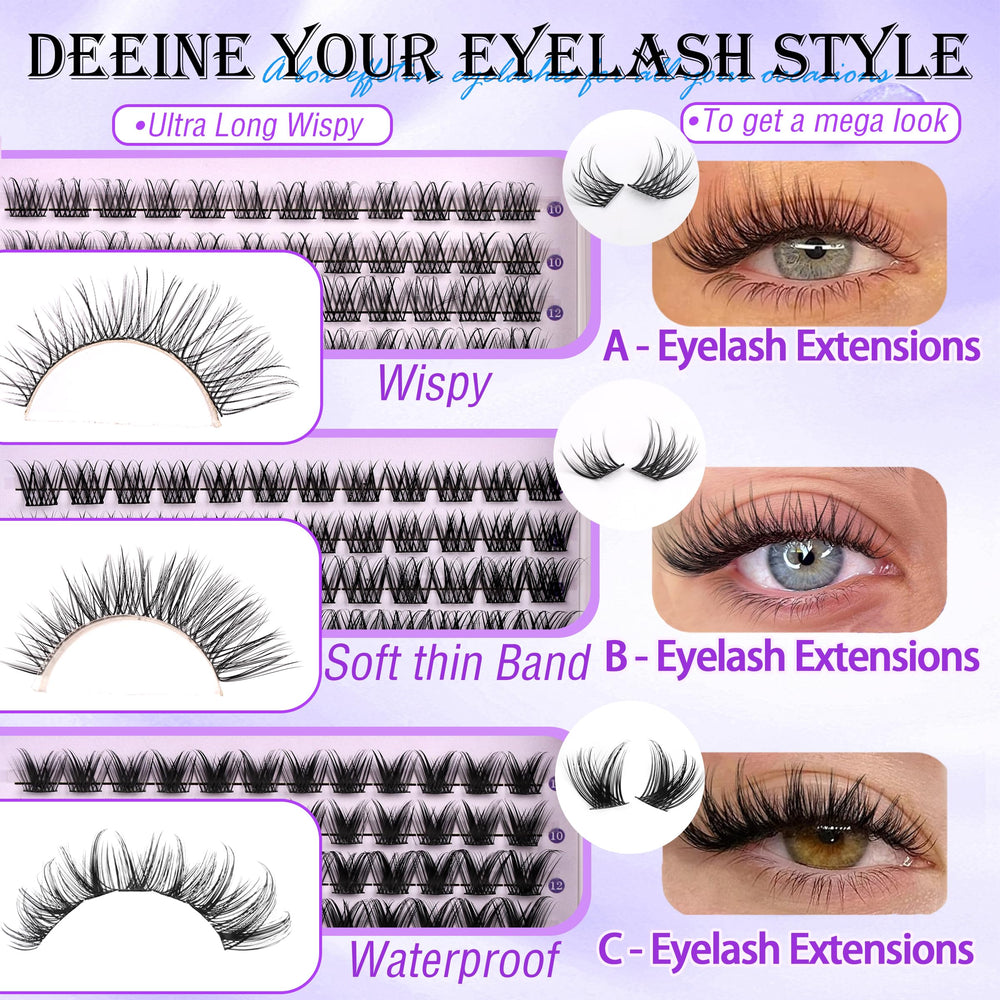YIDUO Lashes Clusters Kit shows Natura, Fairy, Dramatic styles for customization