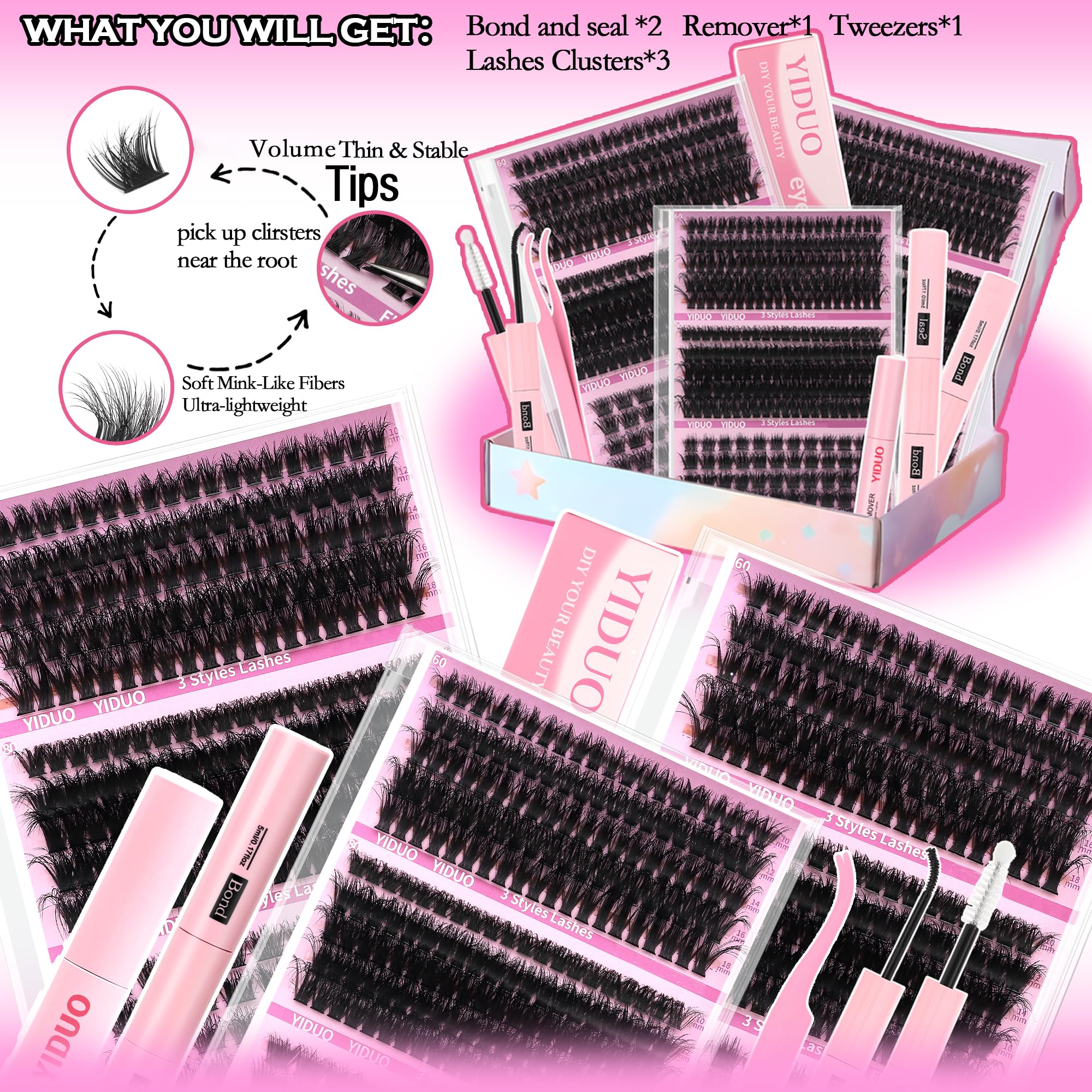 YIDUO Volume Lashes Clusters Kit close-up showing natural volume for everyday wear