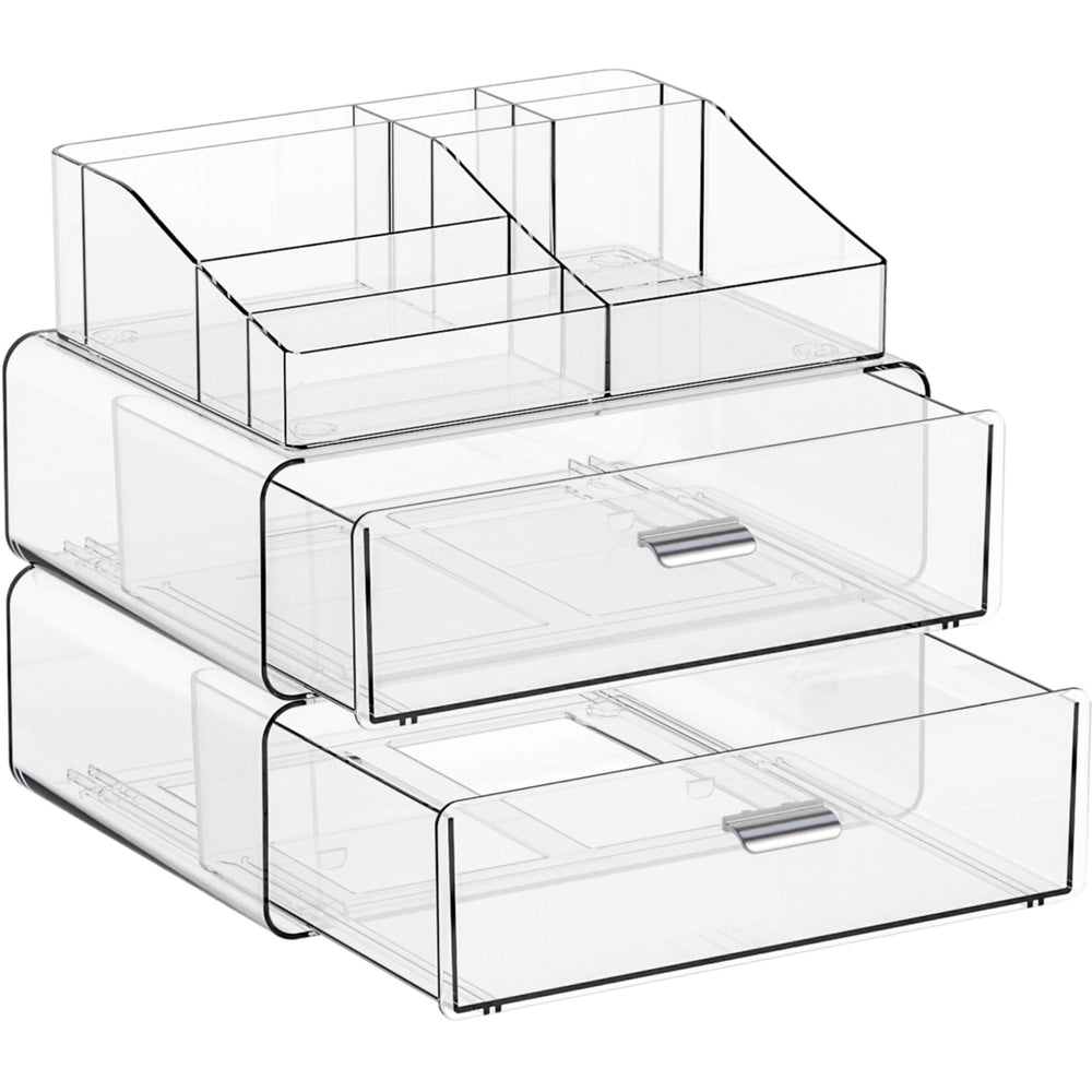 Yieach 3-tier clear acrylic makeup organizer with top tray keeps cosmetics neatly displayed