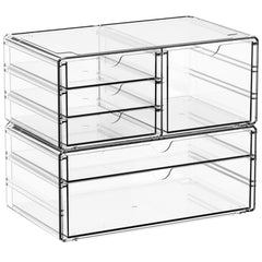 Yieach acrylic drawer organizer six-drawer front view for easy cosmetics access.