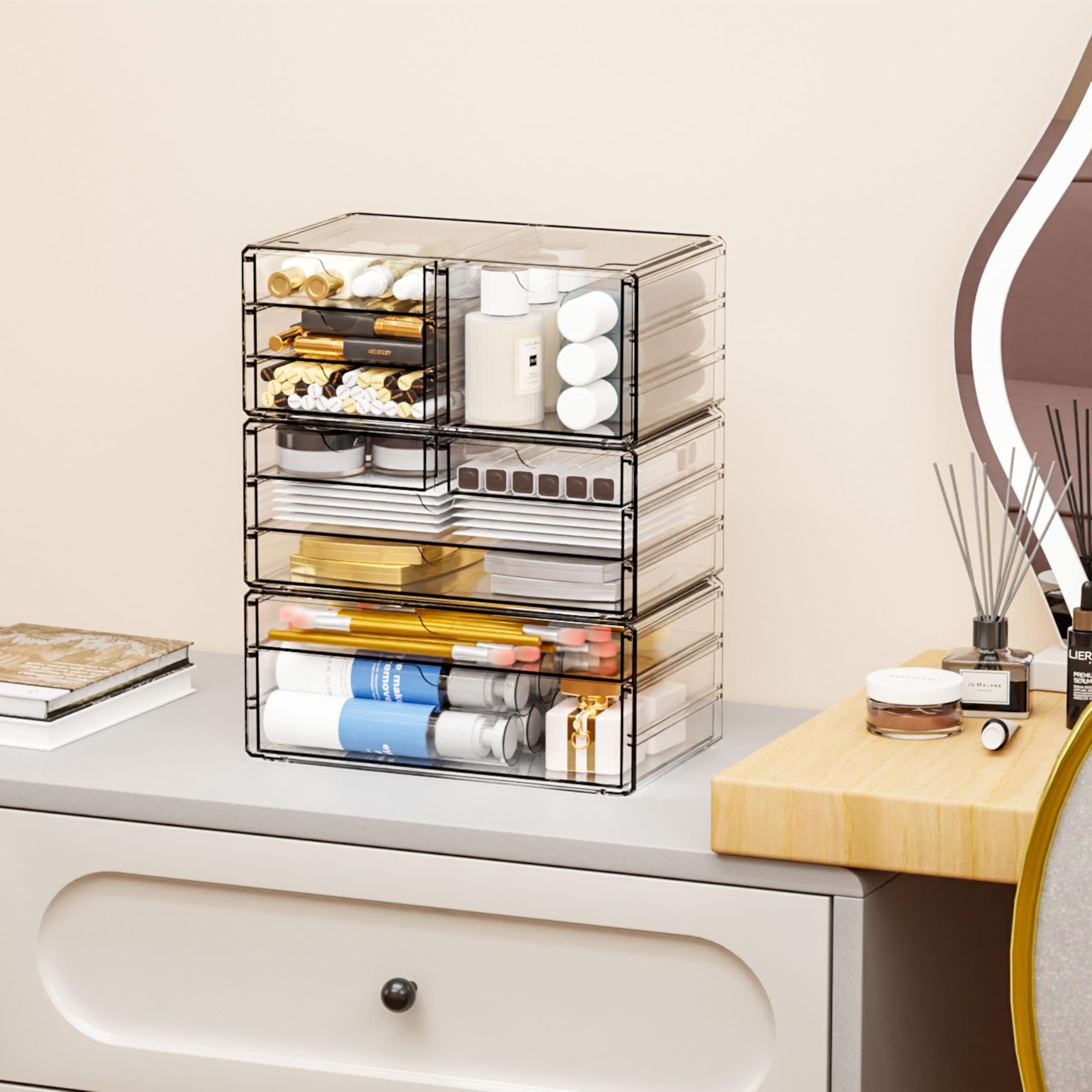 Yieach acrylic makeup organizer offers top view visibility for quick cosmetic finds