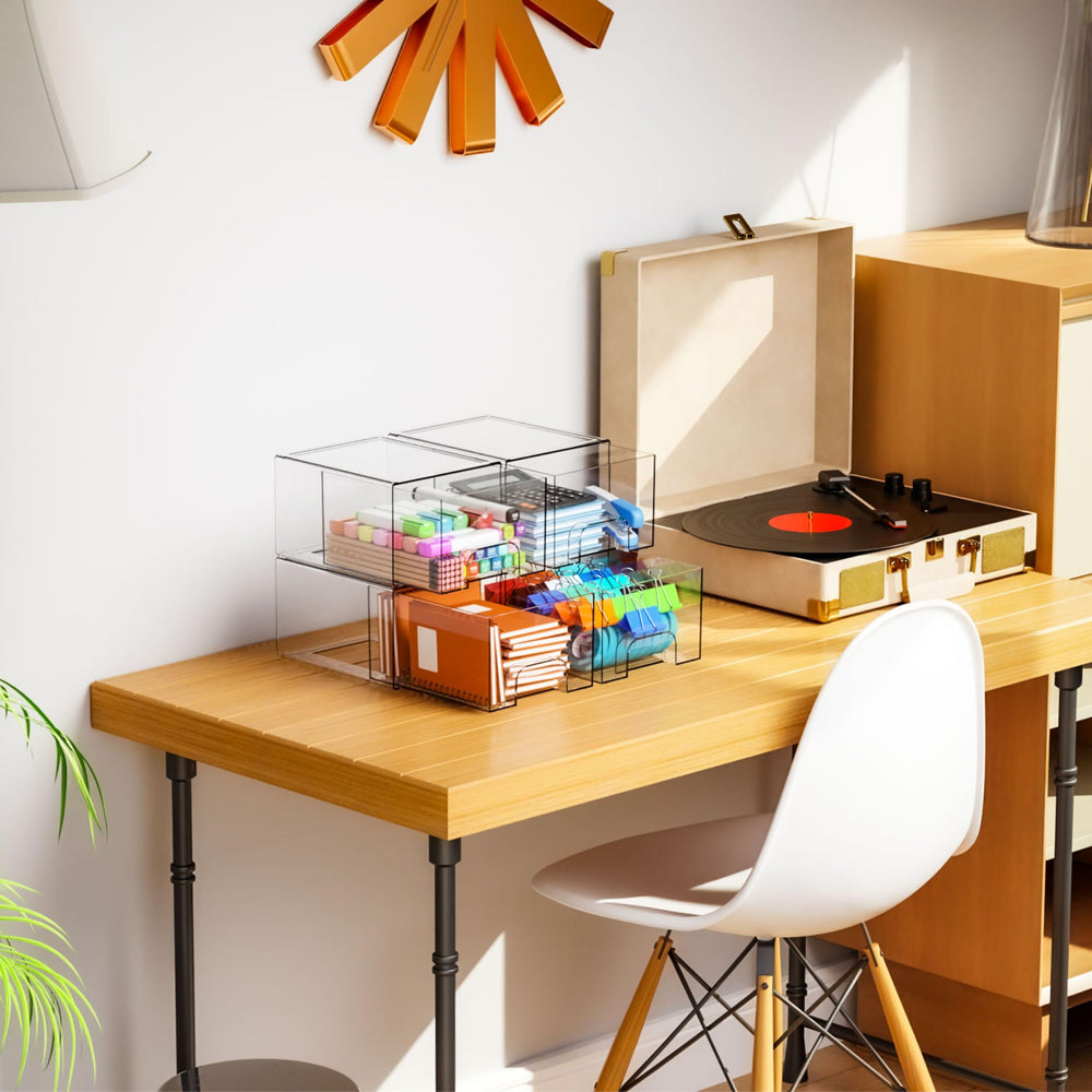 Yieach clear organizer drawers for office supplies and small items.