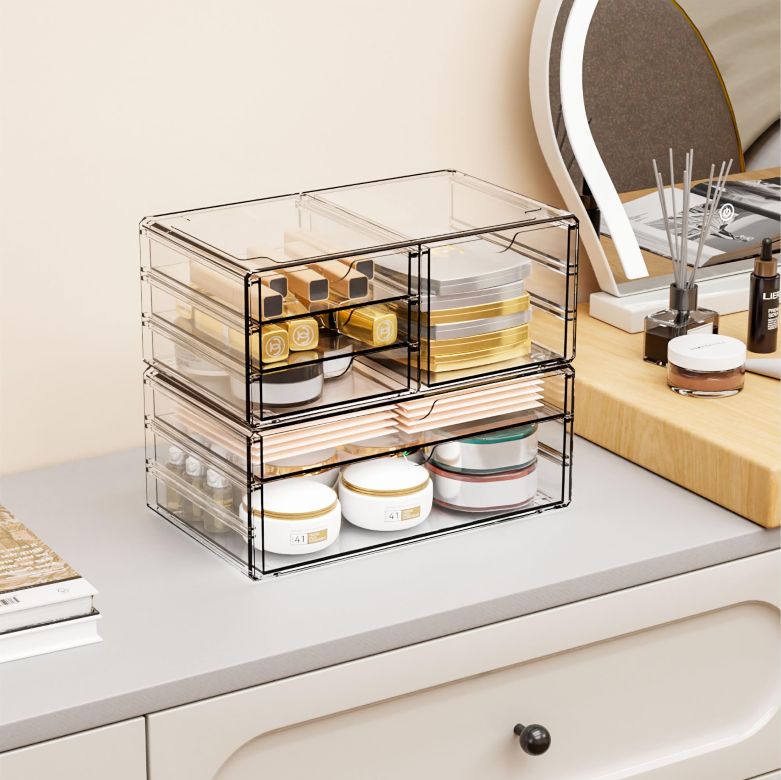 Yieach stackable-drawer-organizer side-by-side arrangement saves counter space.