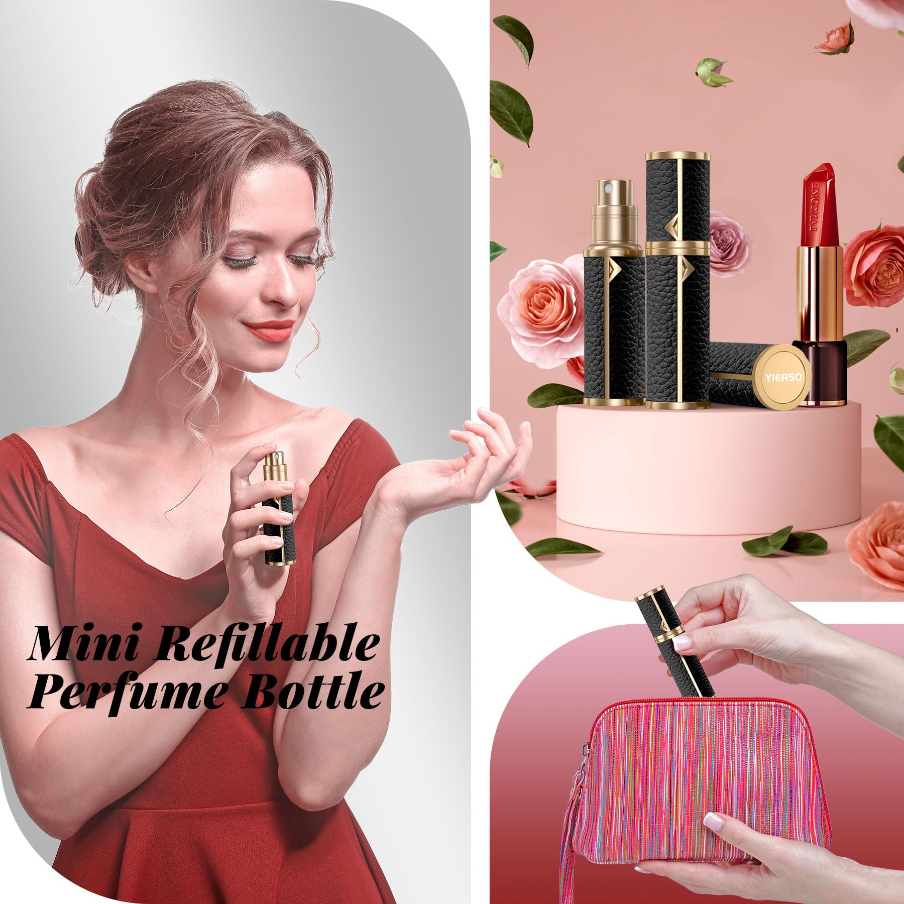 YIERSO nano-spray nozzle travel bottle delivering ultra-fine mist for even fragrance coverage.