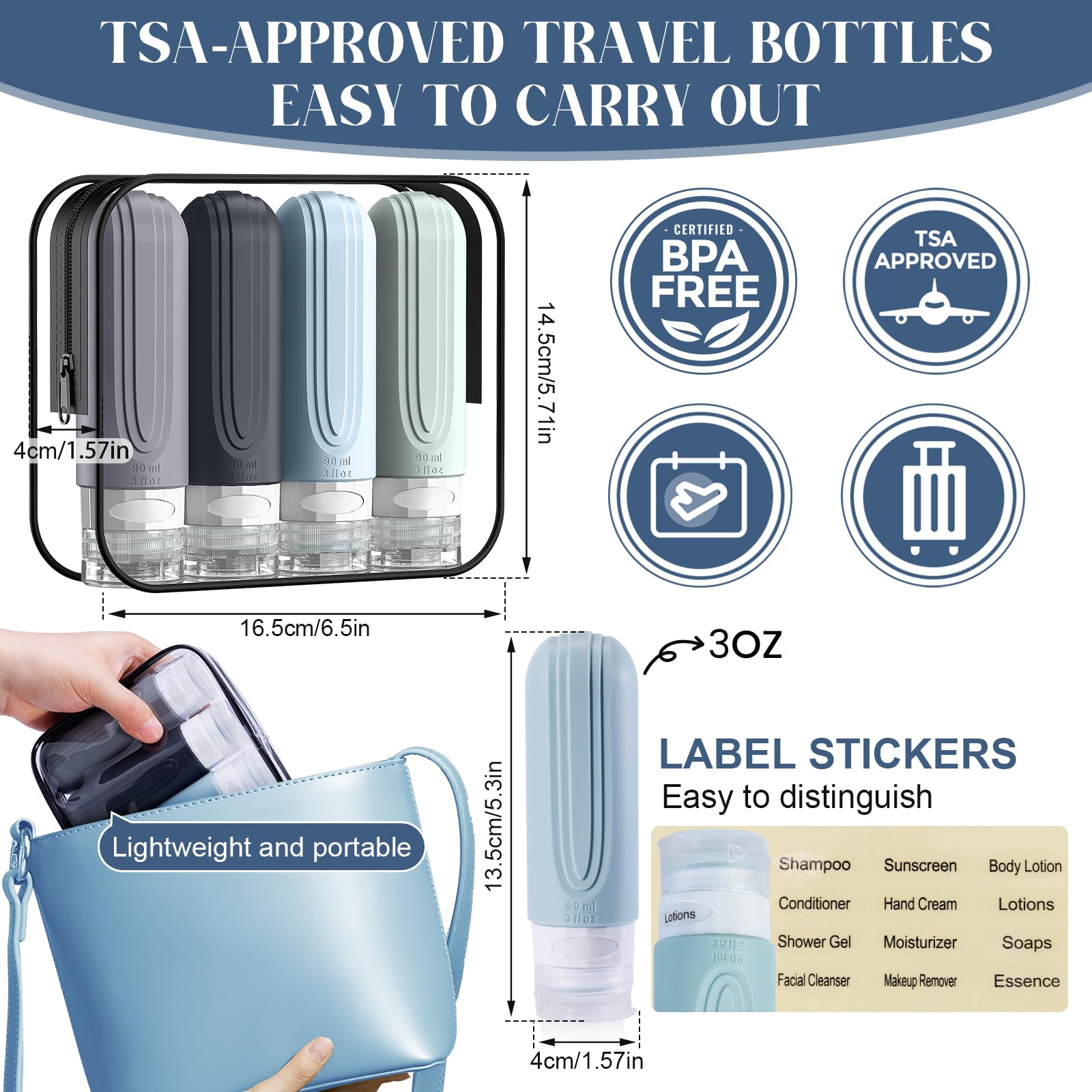 Silicone bottles with labels keep contents organized on trips.