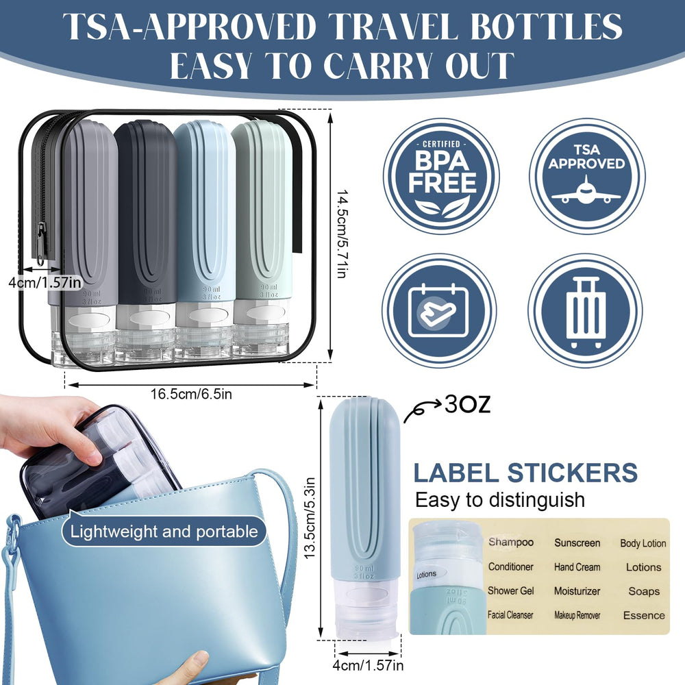 Silicone bottles with labels keep contents organized on trips.