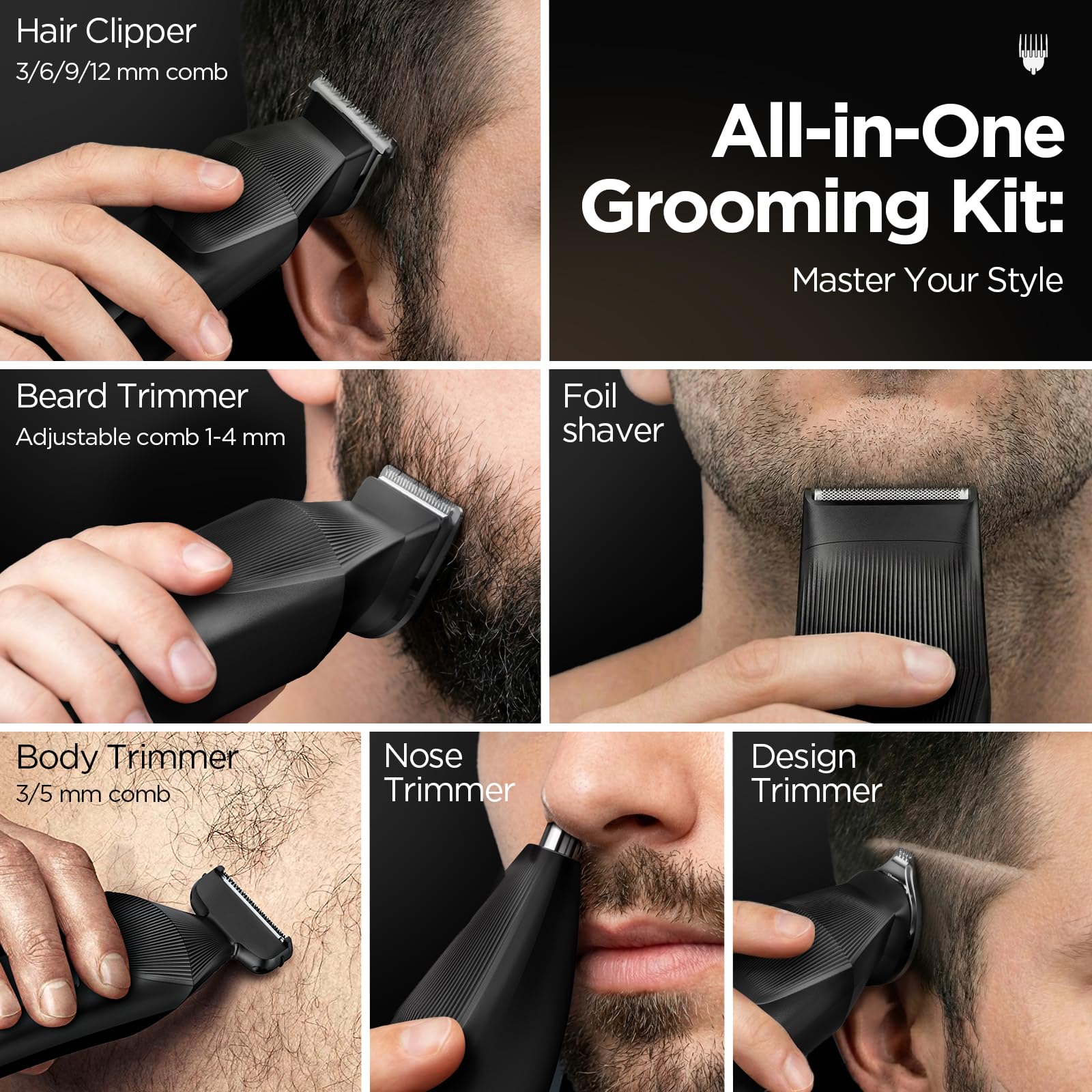 Yineel HC600 all-in-one kit with guards shows versatile trimming options.
