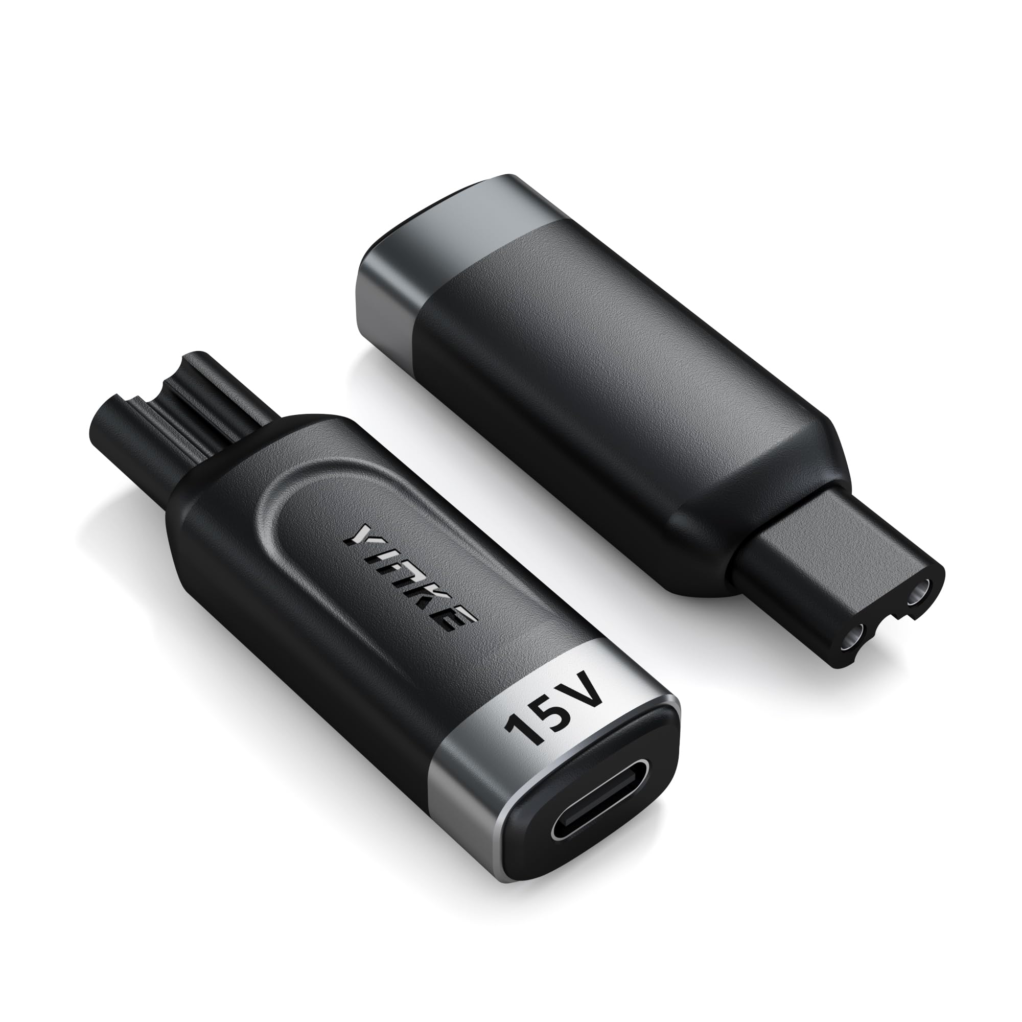 Yinke 15V Type-C shaver adapter connected to HQ8505 for travel charging