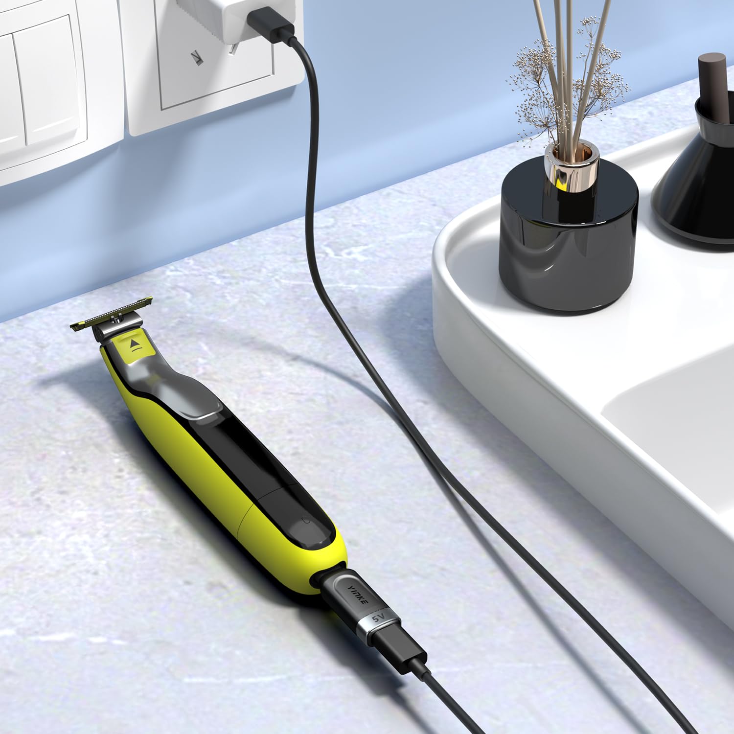 Back view demonstrates shaver compatibility check with Yinke adapter.