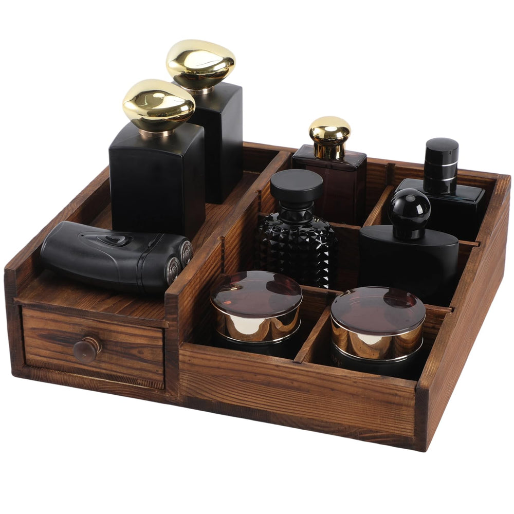 YIOJOYD Cologne Organizer front view with six compartments for tidy perfumes.