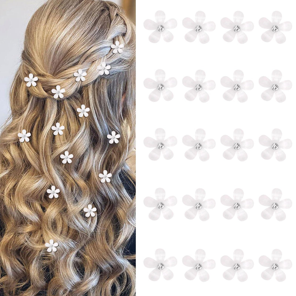 YISSION 20pcs mini white rhinestone flower clips for elegant bridal styling