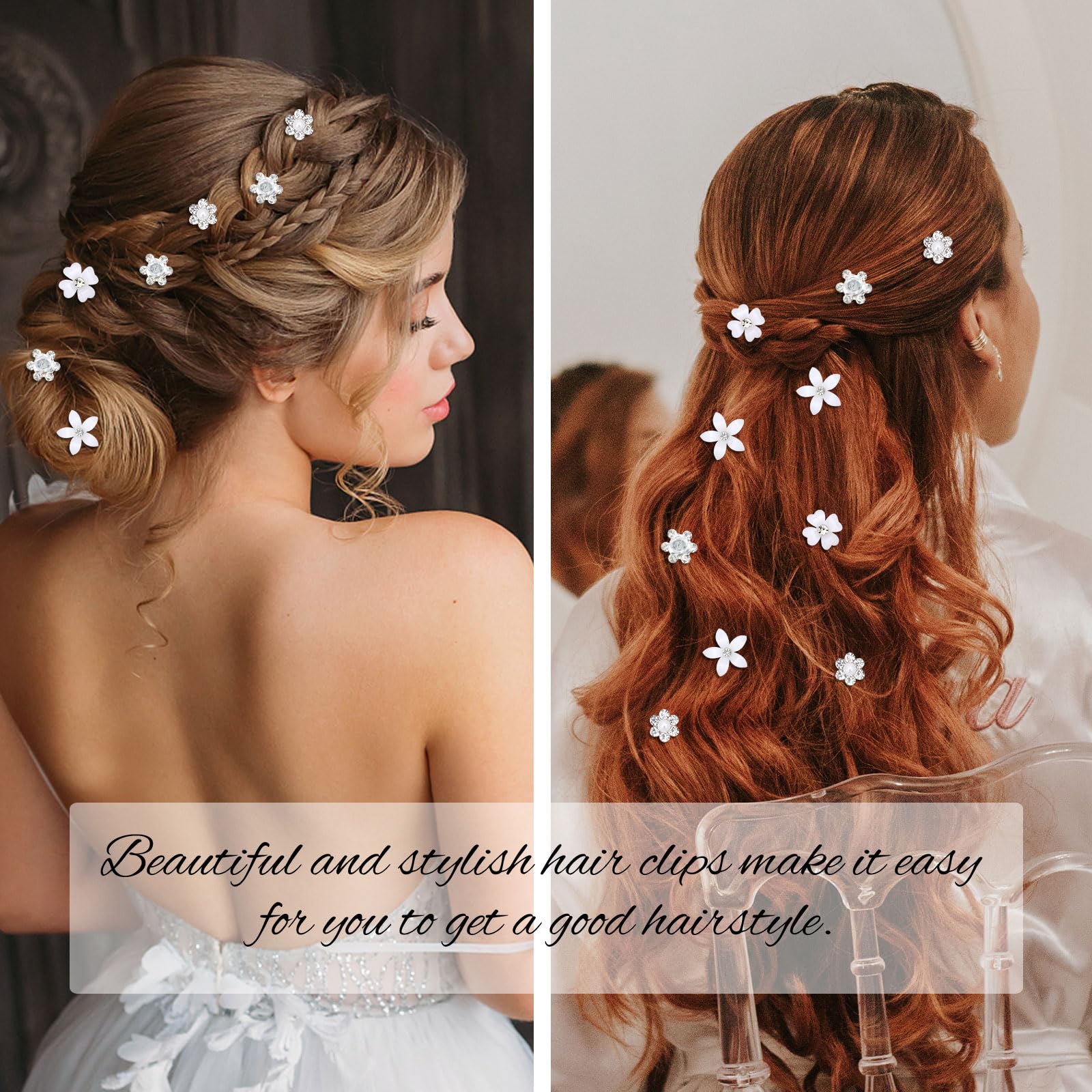 YISSION white flower hair clips with crystals and pearls for elegant updos