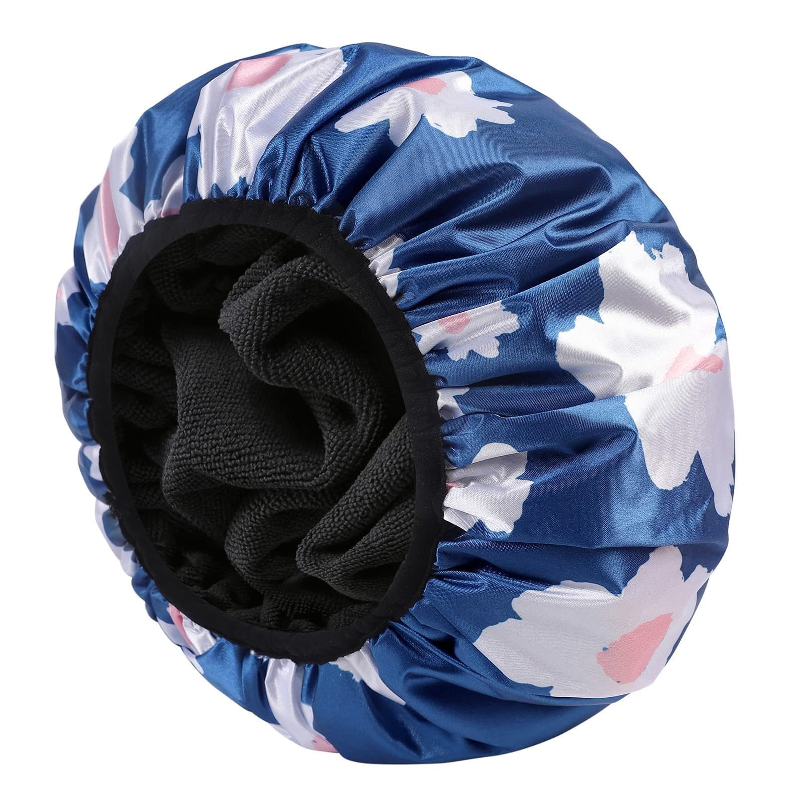 YIZIJIZI terry-lined blue pattern shower cap keeps hair dry and comfortable