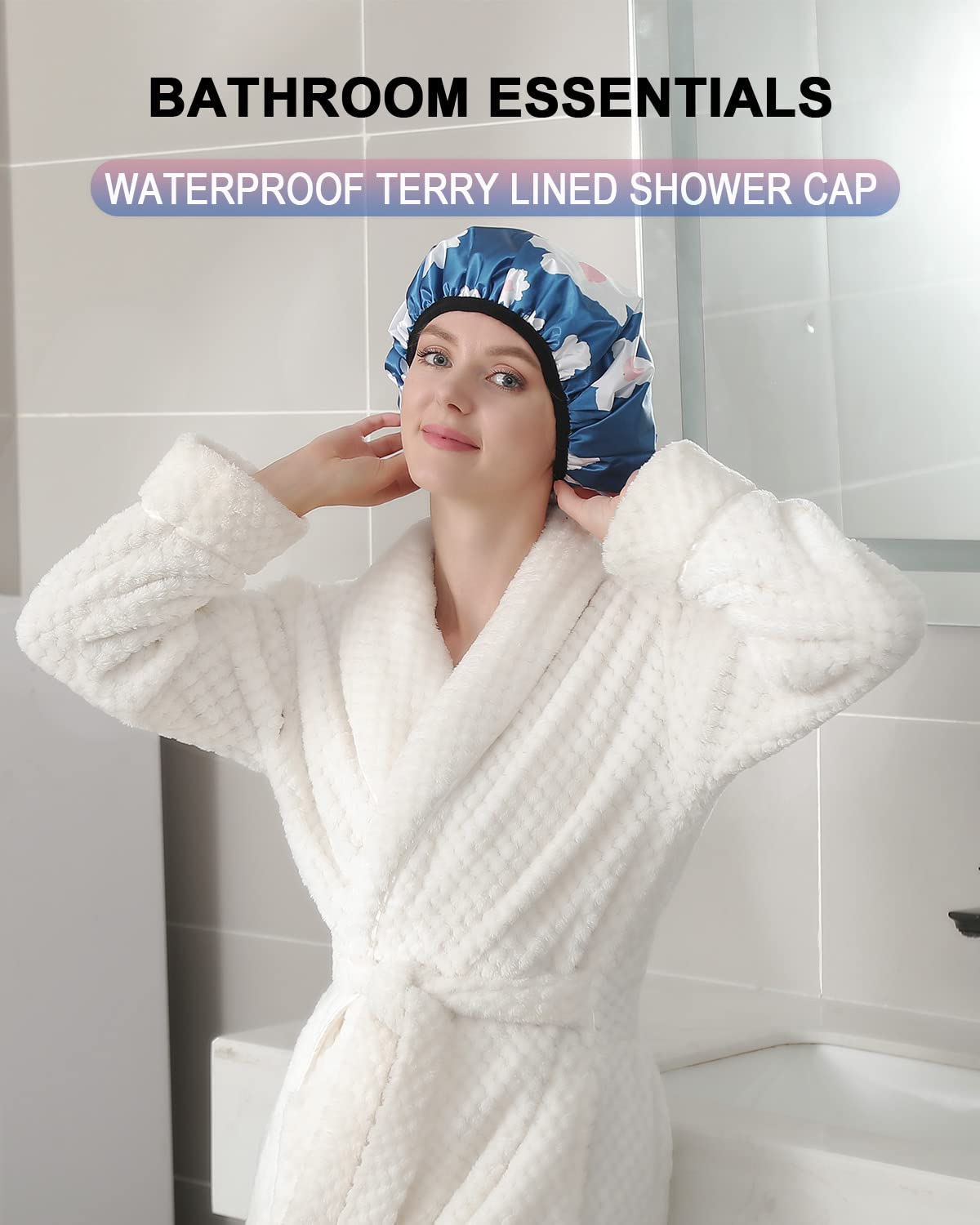 YIZIJIZI terry-lined pink pattern shower cap offers secure fit during bath