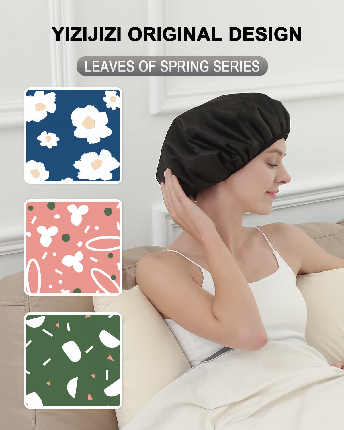 YIZIJIZI terry lined shower cap, breathable band, stays in place.