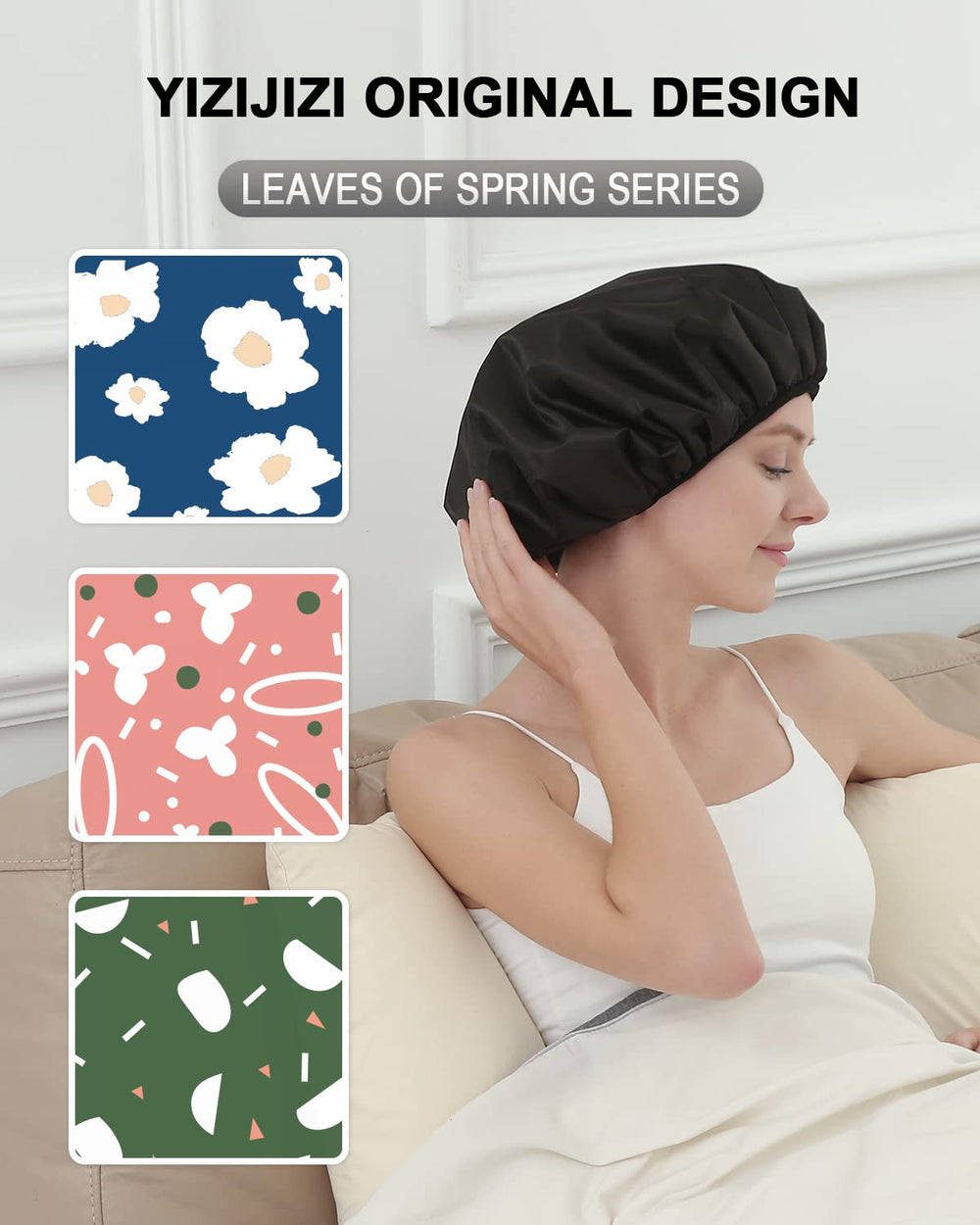 YIZIJIZI terry lined shower cap, breathable band, stays in place.
