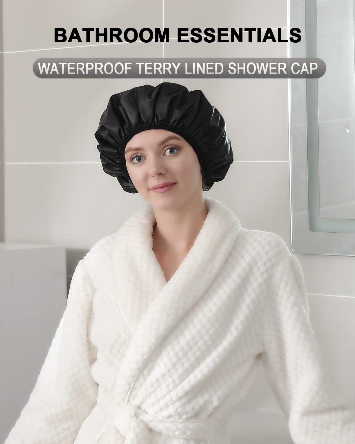YIZIJIZI terry lined shower cap, striped pattern, comfortable fit for thick hair.
