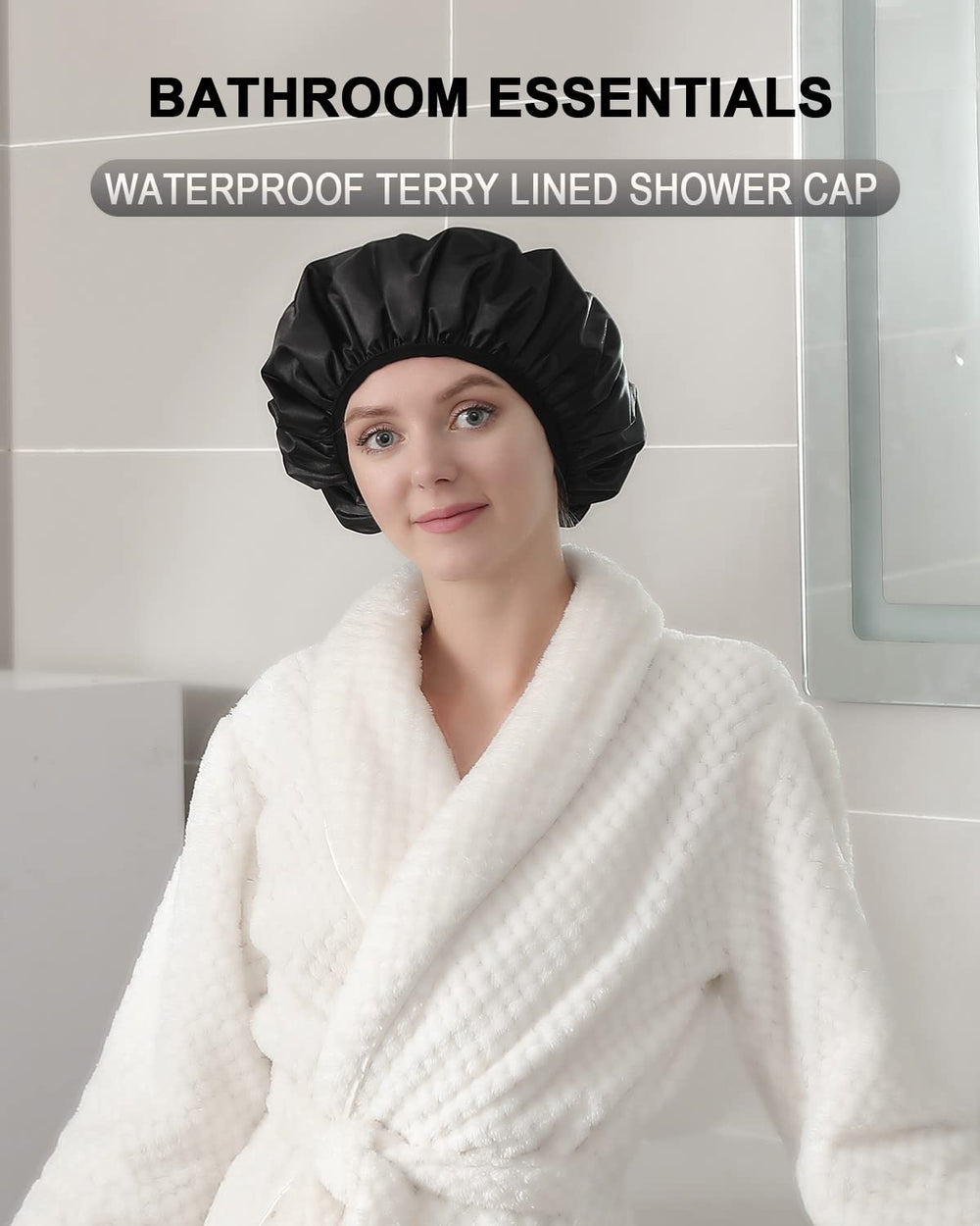 YIZIJIZI terry lined shower cap, striped pattern, comfortable fit for thick hair.