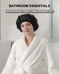 YIZIJIZI terry lined shower cap, striped pattern, comfortable fit for thick hair.