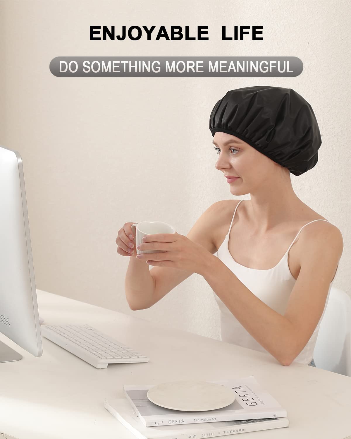 YIZIJIZI terry lined shower cap, three layer fabric, reduces dripping.