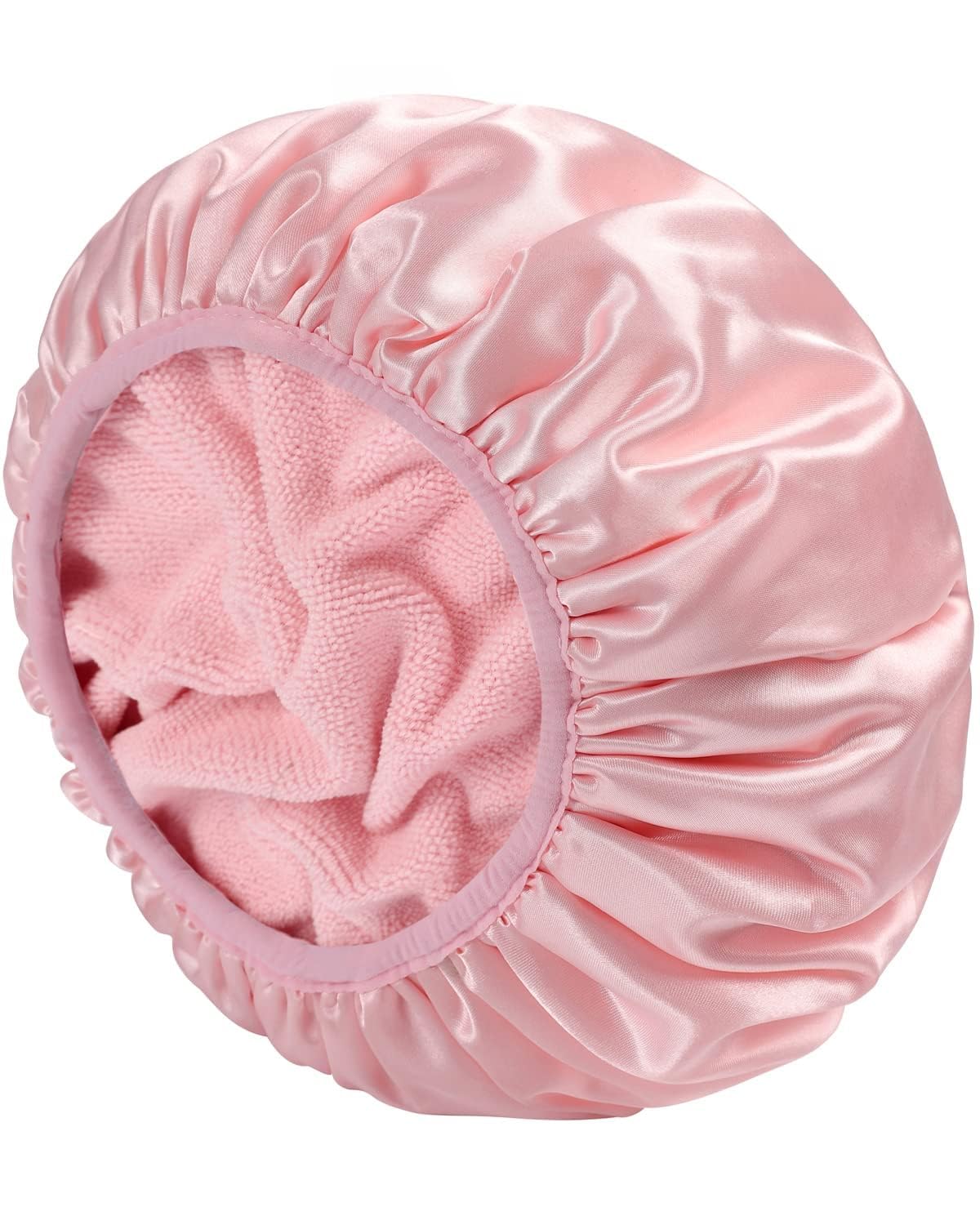 YIZIJIZI pink terry-lined shower cap with pattern close-up for hair protection during shower