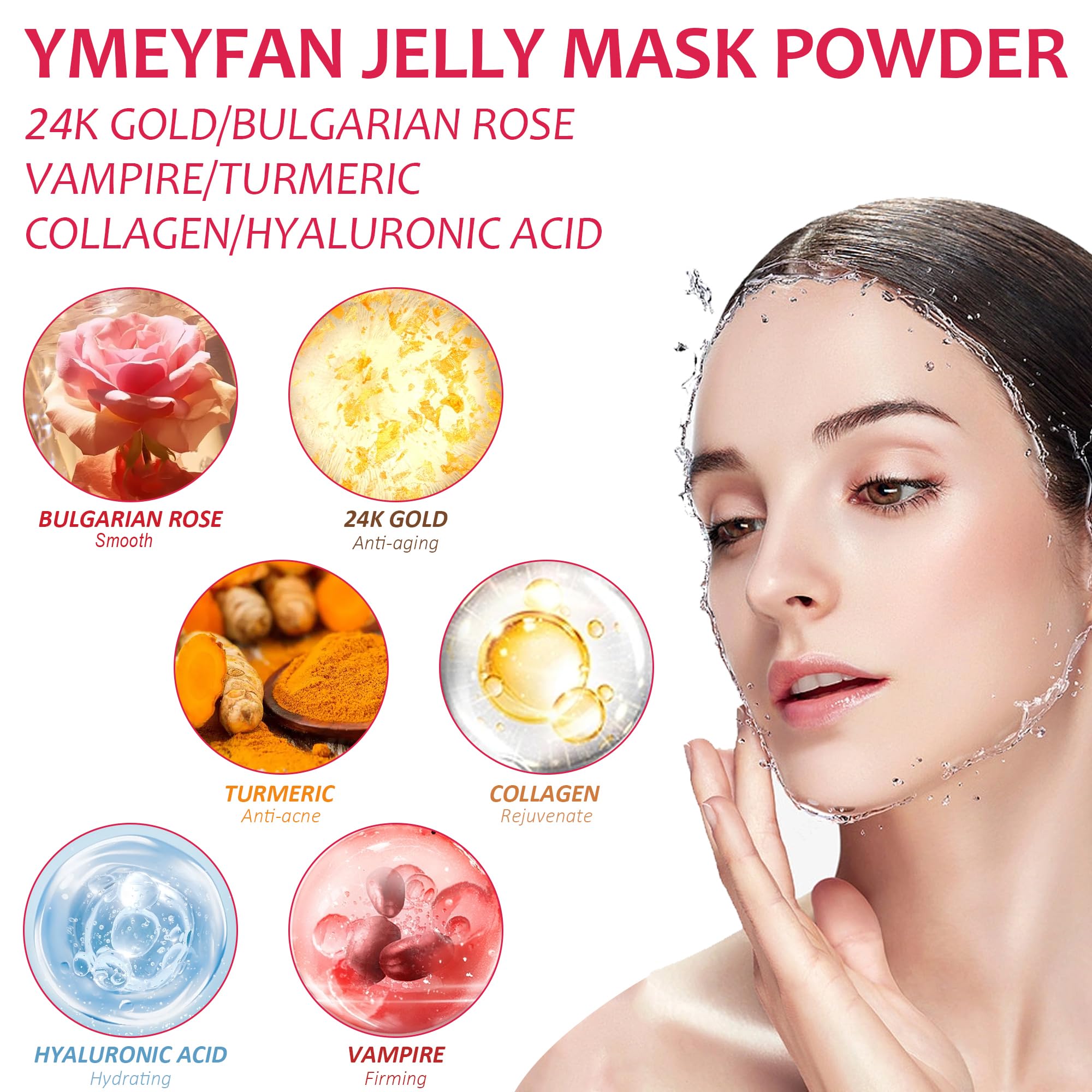 YMEYFAN jelly mask powder close-up showing six formulas for professional facials.