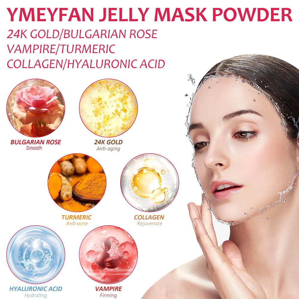 YMEYFAN jelly mask powder close-up showing six formulas for professional facials.
