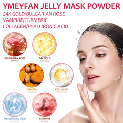 YMEYFAN jelly mask powder close-up showing six formulas for professional facials.