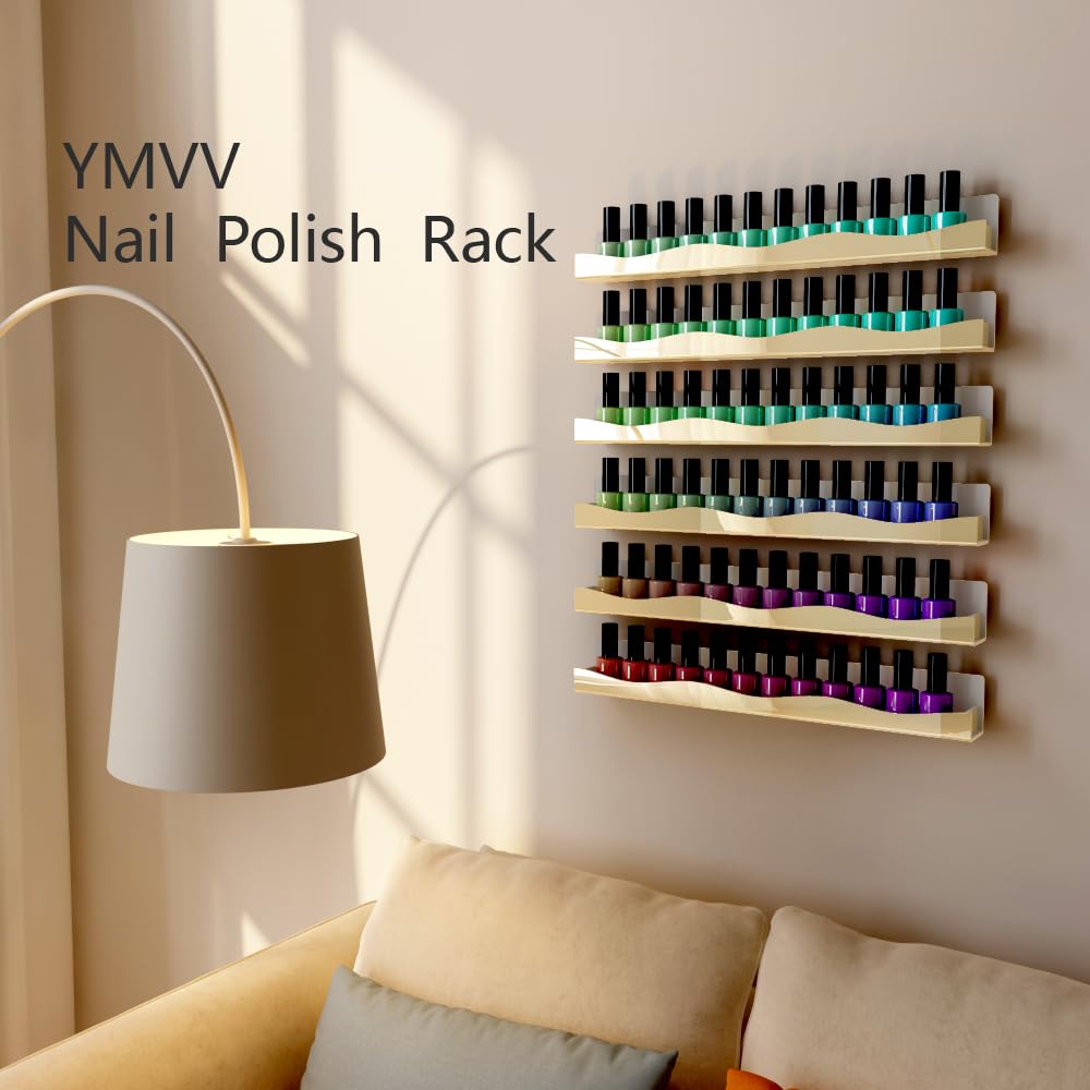 YMVV easy-install nail polish shelf with hardware included for quick setup.