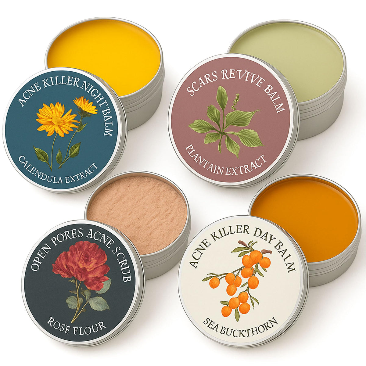 YOCMIPS Organics Acne Balm Set packshot showing four-piece kit for daily skincare.