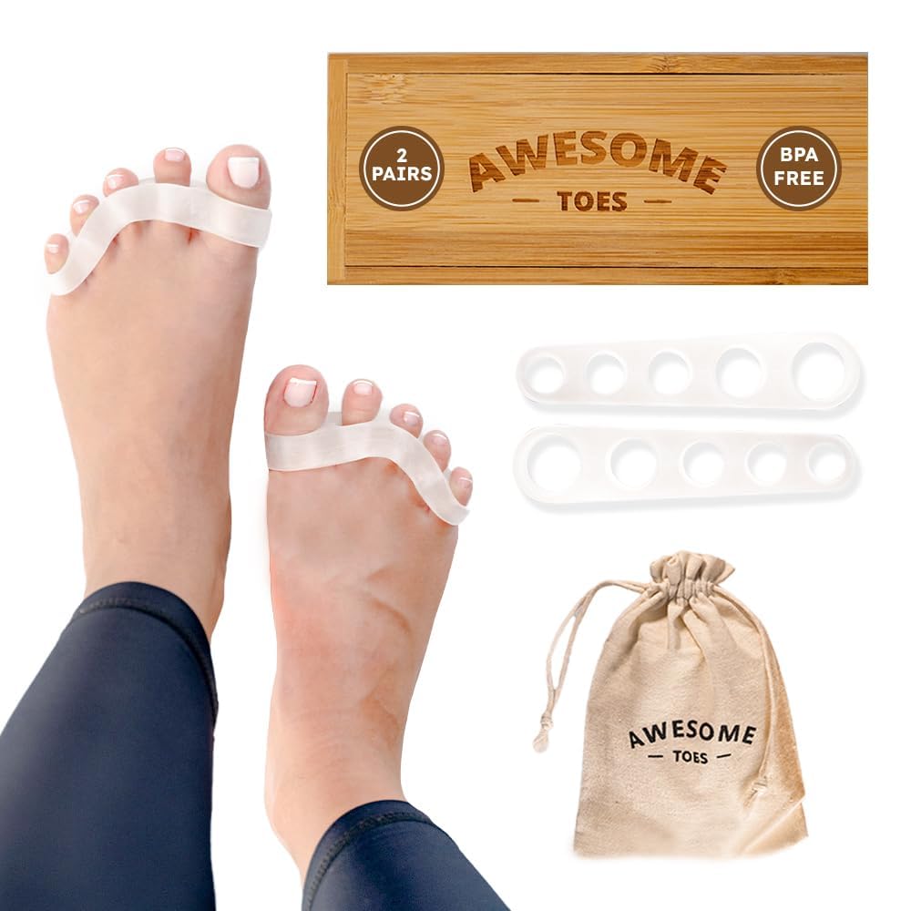 Yoga Trapeze toe spacers in a stylish wooden box for neat storage.