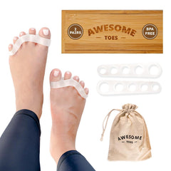 Yoga Trapeze toe spacers in a stylish wooden box for neat storage.