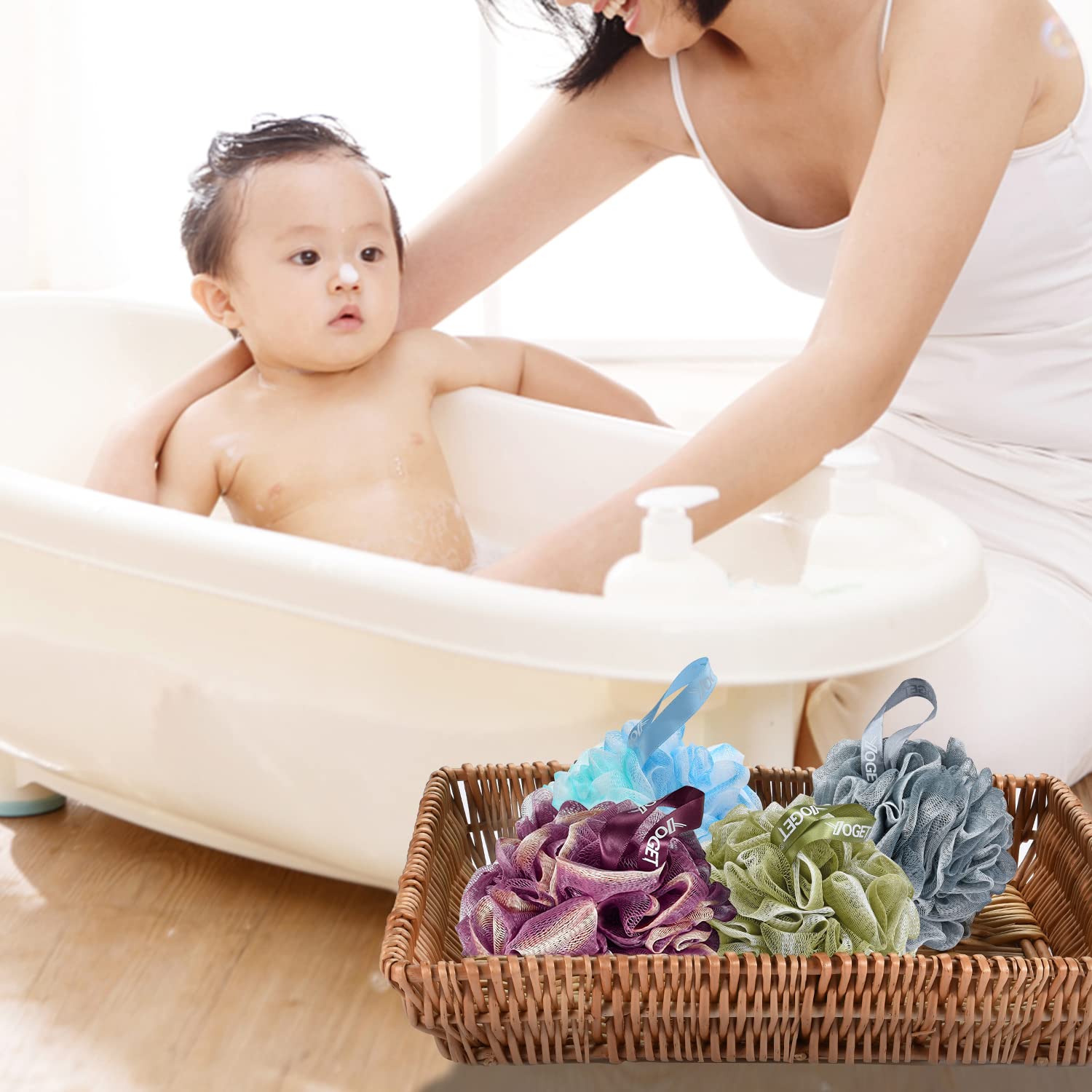 YOGET exfoliating sponge suitable for adults and kids during showers.