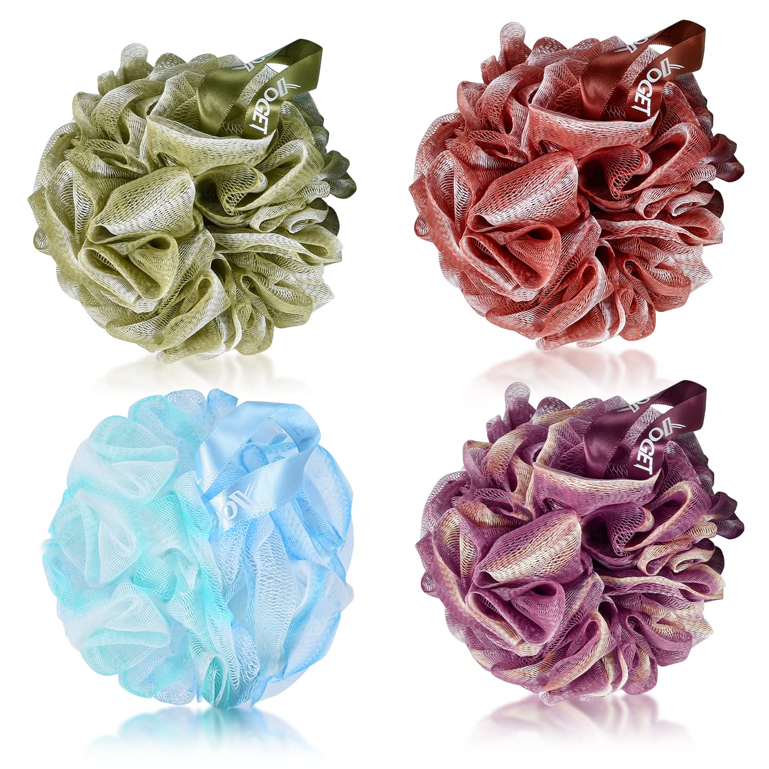 YOGET bath loofah sponge in four-color design for gentle exfoliation and cleansing.